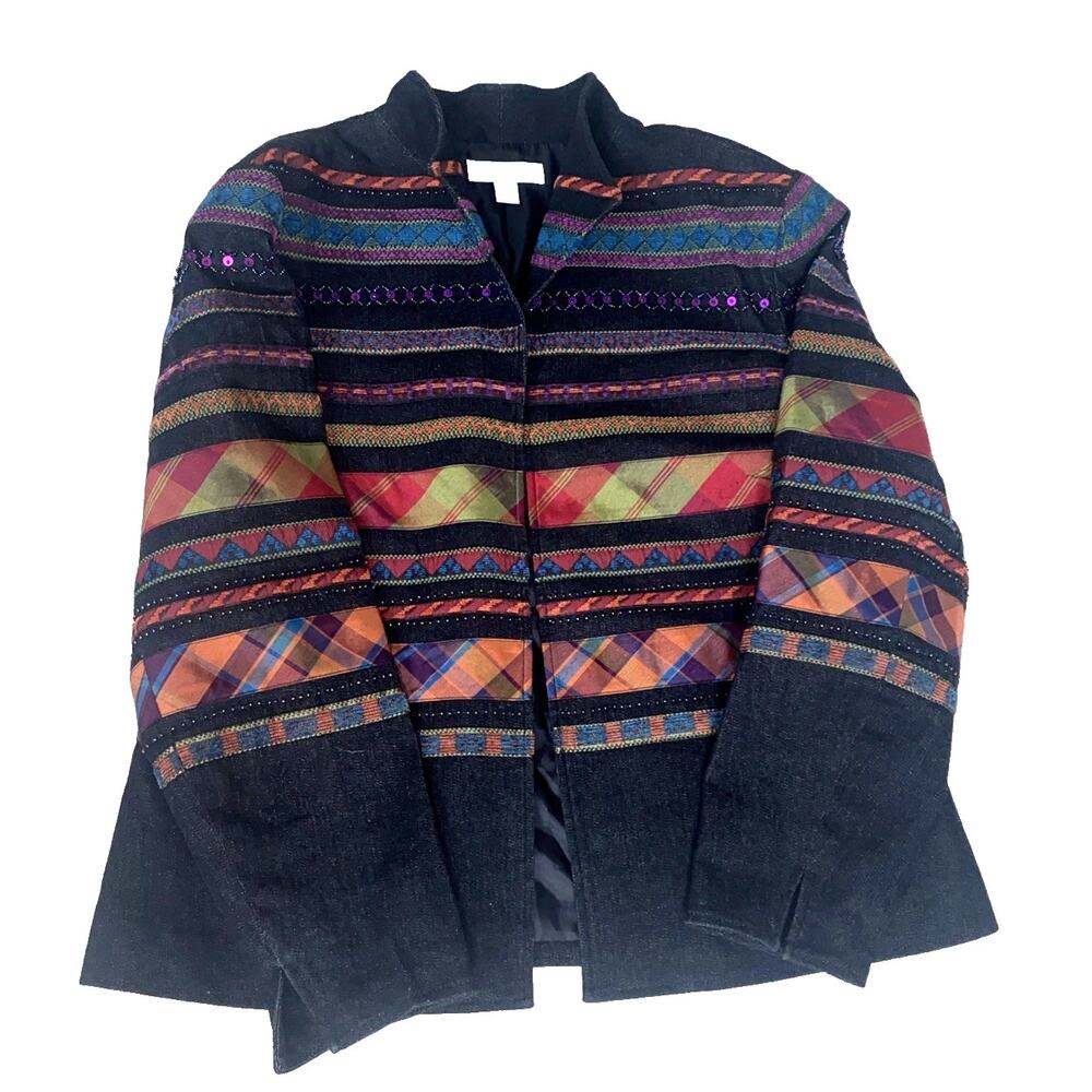 Coldwater Creek Women's 14 Petite Black Embellished Open Jacket Y2K 90S Denim